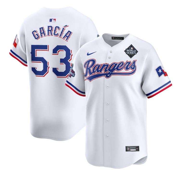 Men's Texas Rangers #53 Adolis García White 2023 World Series Patch And Champions Patch Stitched Baseball Jersey